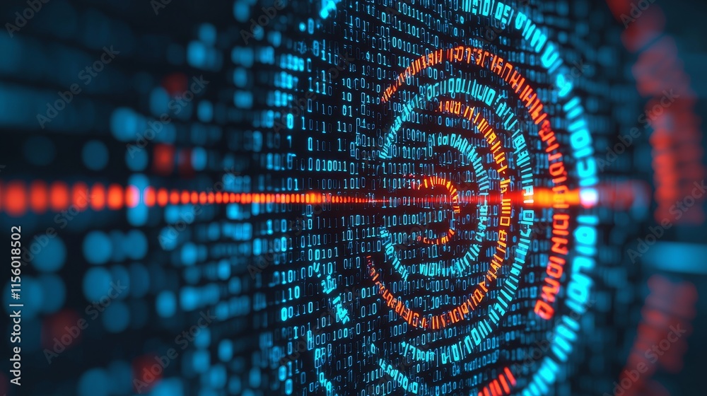 Obraz premium A vibrant digital swirl of binary code in blue and red, representing data flow and technology themes.