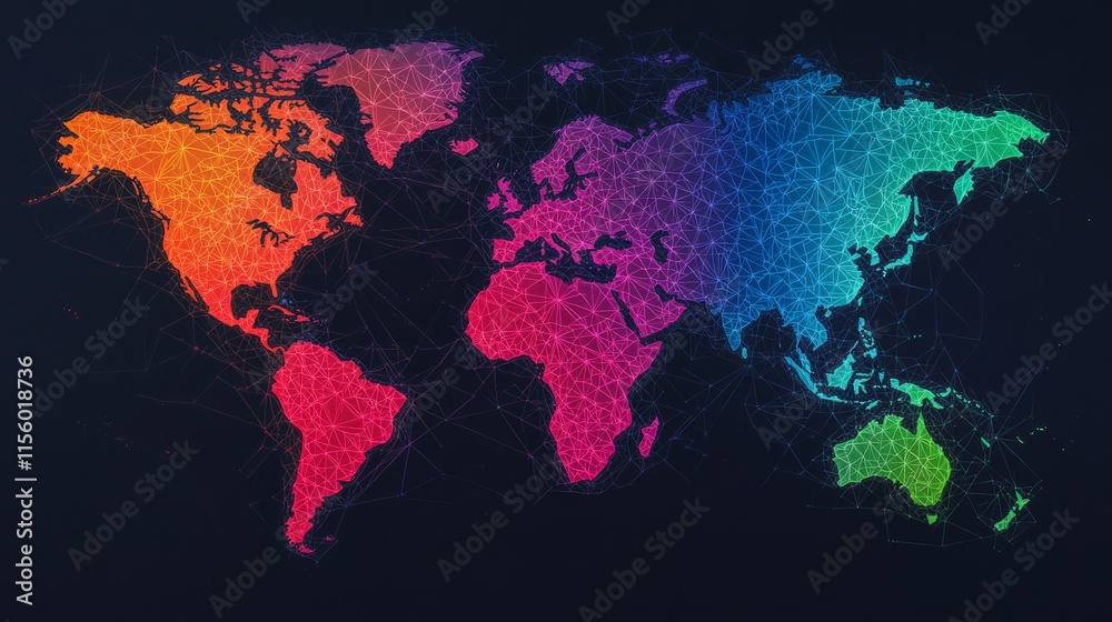 Fototapeta premium A vibrant, colorful world map showcasing continents in various hues against a dark background.