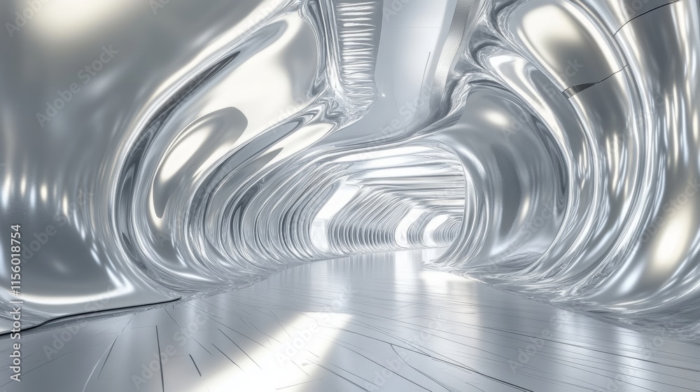 Fototapeta premium Metallic wavy stripes create a futuristic silver-white design with a shiny architectural concept