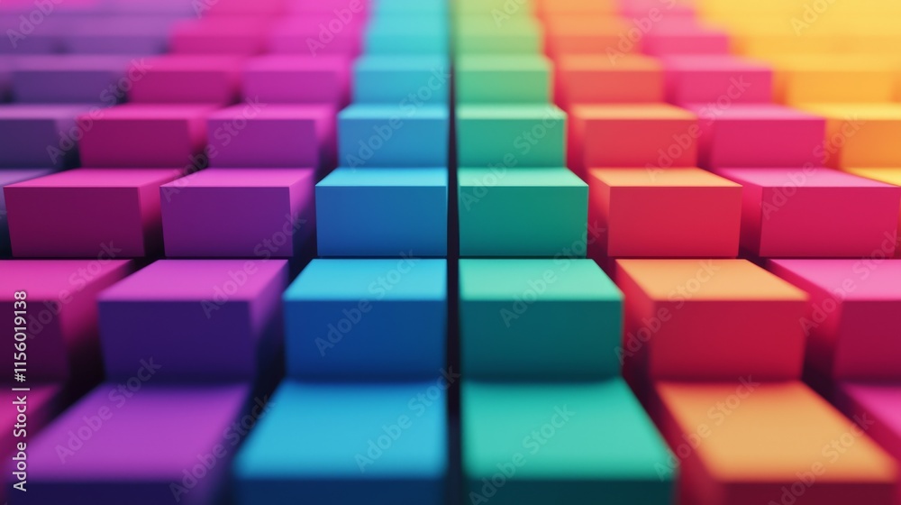 A vibrant array of colorful blocks arranged in a grid, showcasing a gradient of hues from purple to yellow, creating a visually striking pattern.