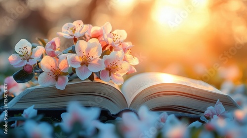 Open book surrounded by blooming flowers in a sunlit garden setting during sp...