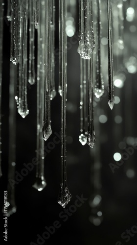 Elegant glass icicles hanging against a dreamy dark background