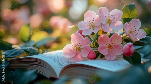 Open book surrounded by blooming flowers in a sunlit garden setting during sp...