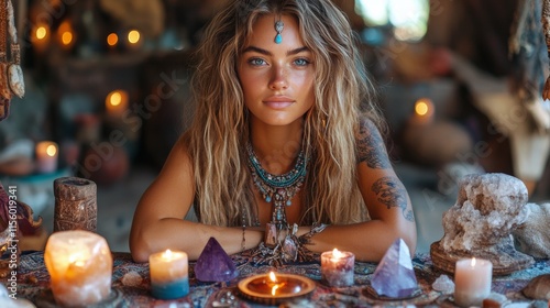 Young woman surrounded by candles in a tranquil setting during an evening gat...