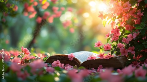 Open book surrounded by blooming flowers in a sunlit garden setting during sp...