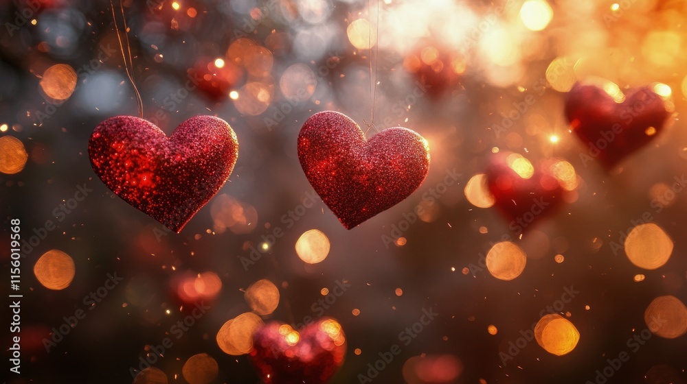 Sparkling red hearts suspended in soft golden light against a blurred background Sparkling red hearts suspended in soft golden light against a blurred background