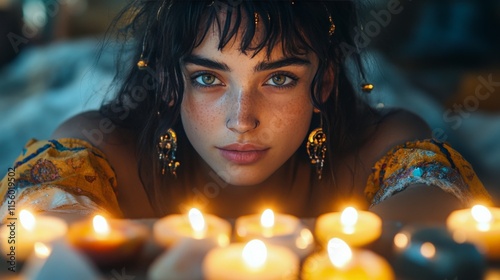 Young woman surrounded by candles in a tranquil setting during an evening gat...