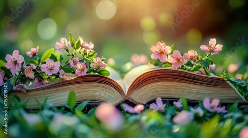 Open book surrounded by blooming flowers in a sunlit garden setting during sp...
