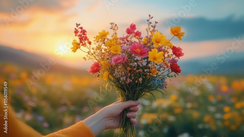 Colorful bouquet of wildflowers against a sunset sky in a vibrant field