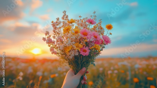 Colorful bouquet of wildflowers against a sunset sky in a vibrant field
