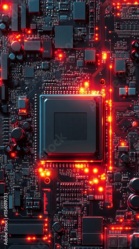 Circuit board with glowing components showcasing intricate electronic details...