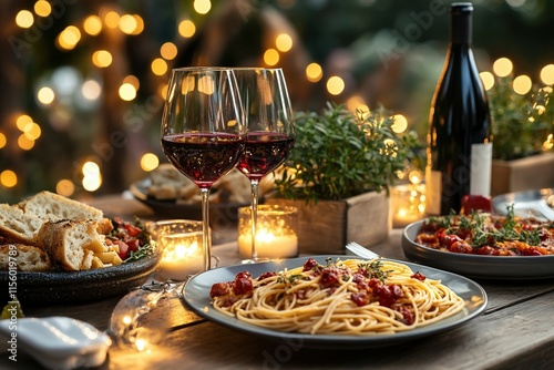 Romantic Dinner Setting with Pasta, Bread, Wine, Candlelight, and Bokeh Lights for Valentine's Day Celebration Concept