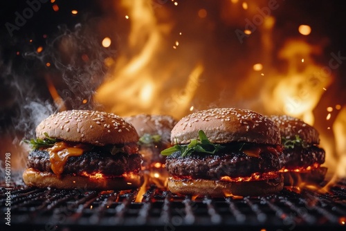 Juicy hamburgers sizzling on the grill with flames and smoke rising at a summ...