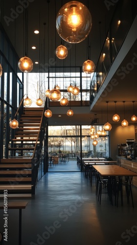 Unique pendant lights create a warm atmosphere in a modern cafe interior duri...
