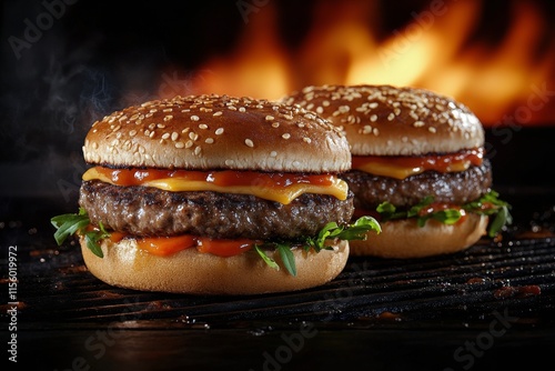 Juicy hamburgers sizzling on the grill with flames and smoke rising at a summ...