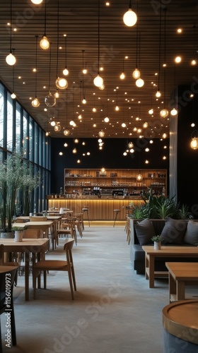 Unique pendant lights create a warm atmosphere in a modern cafe interior duri...