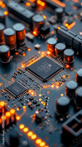 Circuit board with glowing components showcasing intricate electronic details...