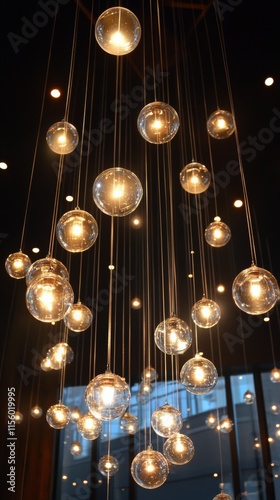 Unique pendant lights create a warm atmosphere in a modern cafe interior duri...