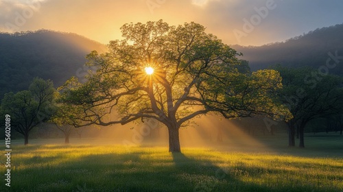 Majestic tree with sun rays shining through at dawn in a tranquil valley
