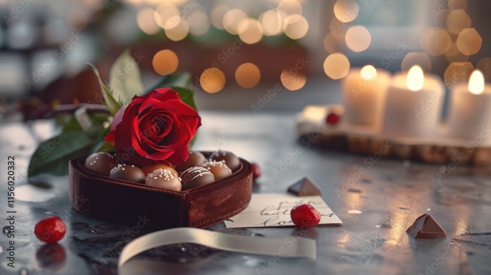 Romantic Valentine's Day Setup: Red Rose, Chocolates, and Candles Romantic Valentine's Day Setup: Red Rose, Chocolates, and Candles
