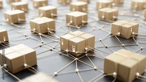 A network of interconnected boxes on a surface, representing logistics, connections, or data flow in a modern supply chain context.