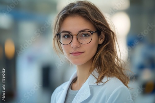 Young female researcher in a lab coat showcases a confident smile in a modern...