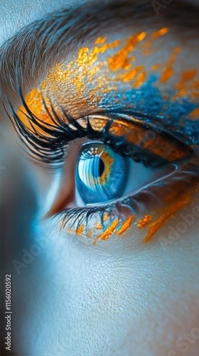 Sparkling blue eye with orange glitter makeup showcasing detail and creativit...