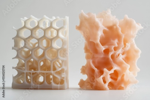 Two 3D printed objects showcasing different lattice structures; one with a honeycomb pattern, the other organic and porous.