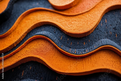Vibrant orange and black textured waves create an abstract art piece in moder...