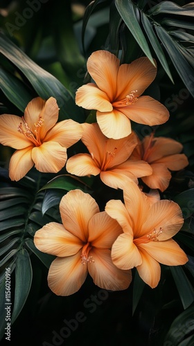 Bright orange flowers with green leaves in a lush tropical setting during day...