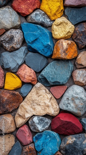 Colorful stones create vibrant texture on weathered wall in outdoor setting