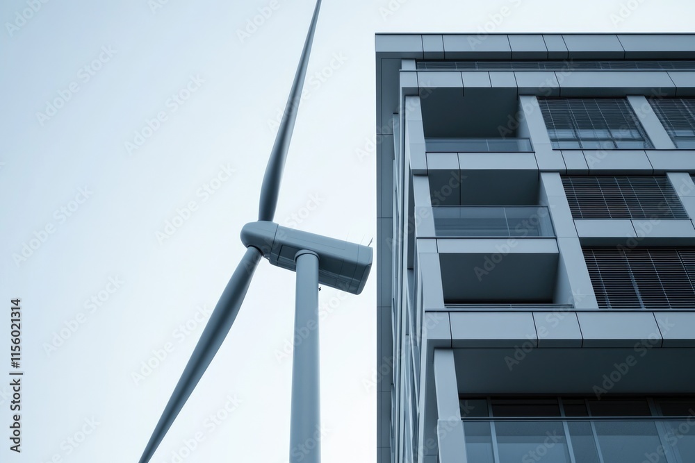 A modern building stands beside a wind turbine, symbolizing sustainable urban development and renewable energy. A modern building stands beside a wind turbine, symbolizing sustainable urban development and renewable energy.