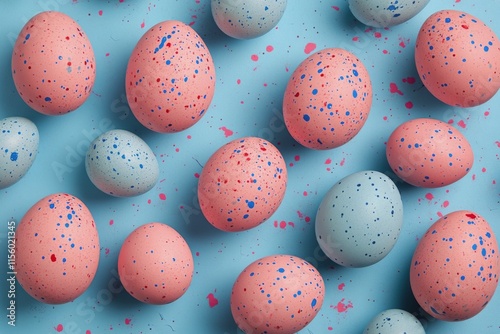 Colorful speckled eggs scattered on blue background with pastel confetti for ...