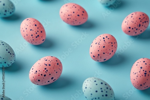 Colorful speckled eggs scattered on blue background with pastel confetti for ...