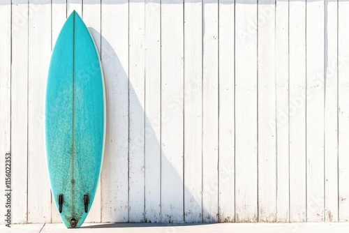 A teal surfboard leans against a white wooden fence, casting a shadow.
