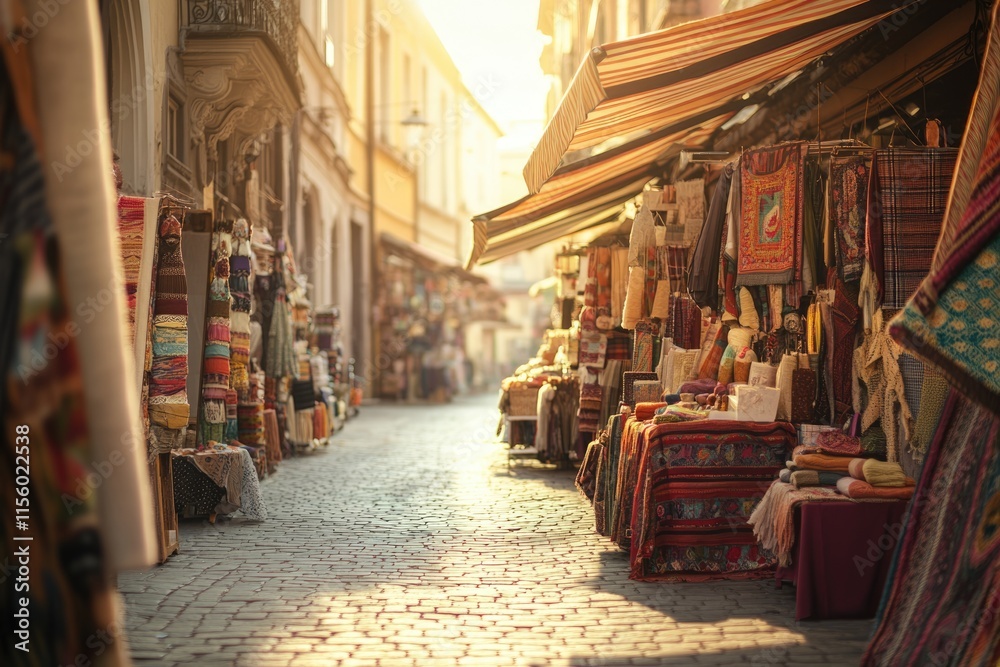 Obraz premium Sunlit cobblestone street lined with vibrant textile stalls, showcasing rich textures and colors.