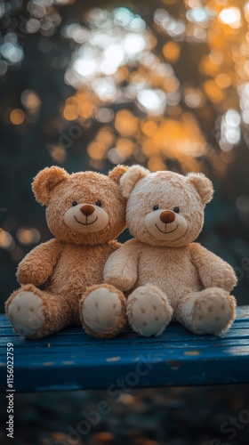 Two cuddly bears sitting together on a soft surface in a cozy indoor setting