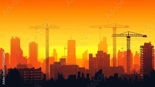 Big set of Tower construction crane. Vector with building cranes, isolated on sunset sky background. Collection of Construction black silhouettes site line sketch, hand drawn, vector.