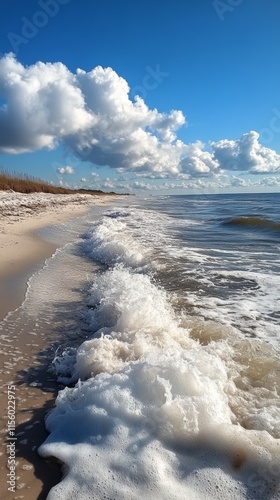 Coastal view of gentle waves lapping against sandy beach during golden hour a...