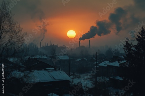 Colorful sunset over snowy street with factory smoke in background during win...