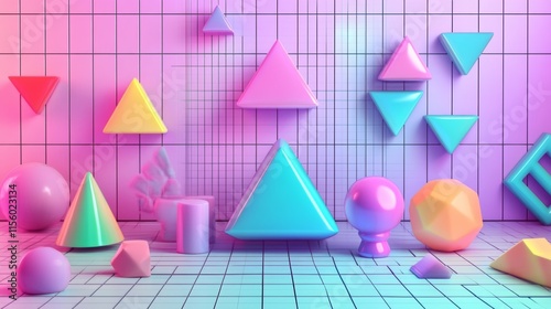 Collection of Lowpoly 3D Shapes of Platonic Solids. Polygonal Shapes Basic Linear Algebra Figures. Vectro Illustration. Graphic Shapes for Retrowave Vaporwave Synthwave Style Graphic Design. photo