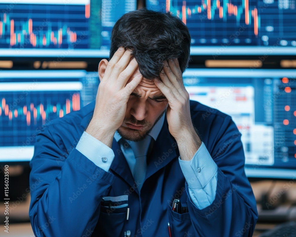 Trader in Blue Jacket Holding Head in Frustration in Front of Stock Market Charts Displaying Financial Data and Market Trends Trader in Blue Jacket Holding Head in Frustration in Front of Stock Market Charts Displaying Financial Data and Market Trends