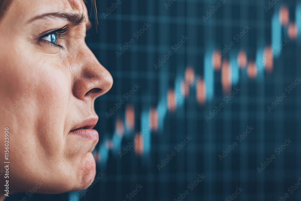 Focused Woman Analyzing Financial Graph Trends with Serious Expression, Symbolizing Market Changes and Economic Insights in Background