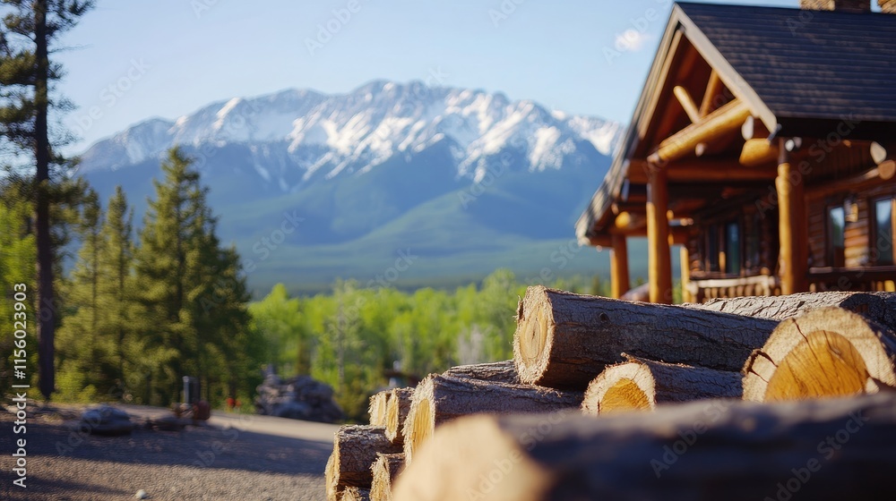 Rustic Cabin in Front of Majestic Snow-Capped Mountains Rustic Cabin in Front of Majestic Snow-Capped Mountains
