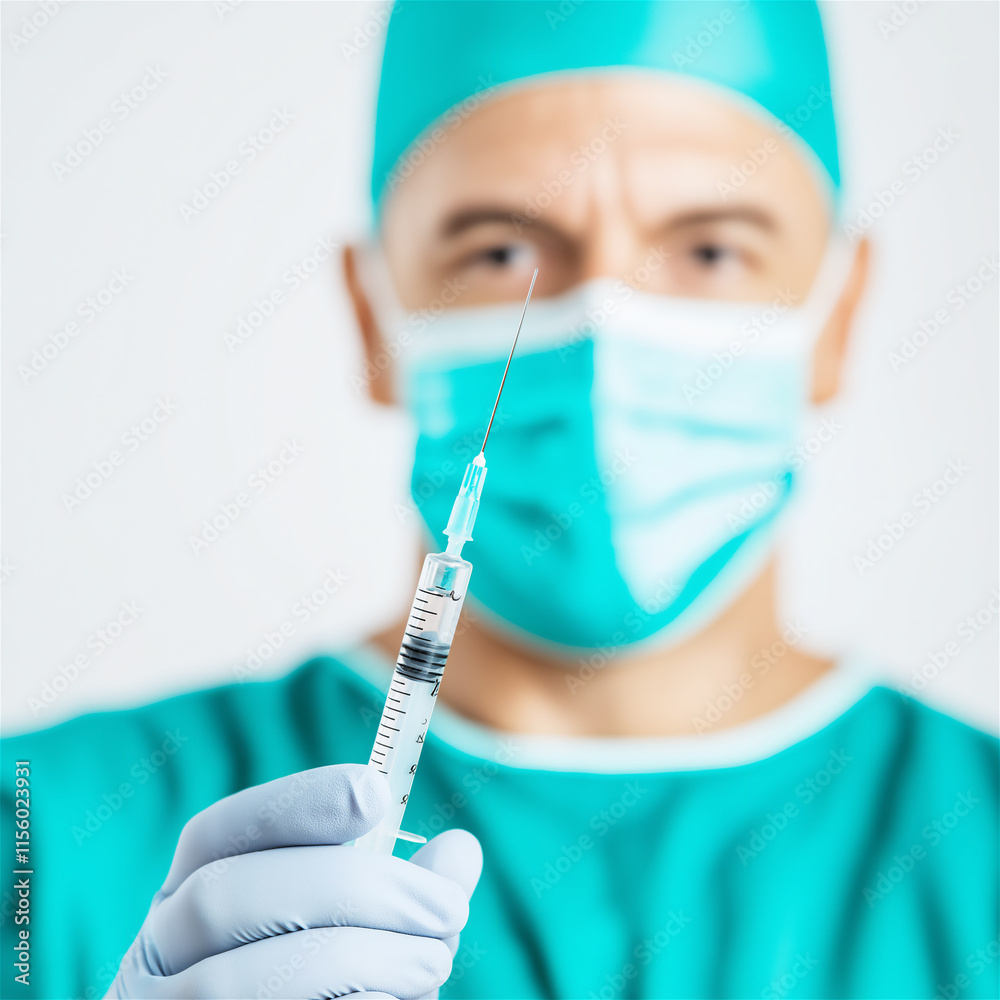 A close-up of a doctor wearing a medical mask, holding a syringe, symbolizing healthcare, vaccination, and modern medical practice. A close-up of a doctor wearing a medical mask, holding a syringe, symbolizing healthcare, vaccination, and modern medical practice.