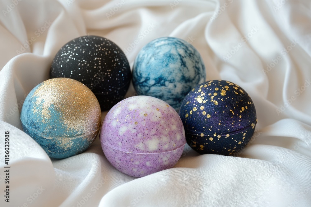 Five colorful bath bombs with glitter accents rest on white fabric, creating a relaxing spa-like atmosphere. Five colorful bath bombs with glitter accents rest on white fabric, creating a relaxing spa-like atmosphere.