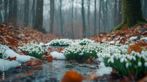 Snow-covered stream flowing through a forest with snowdrops at sunrise