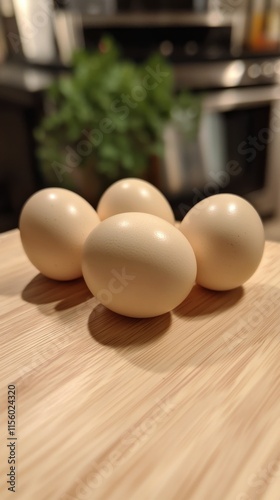 Natural beige eggs arranged on rustic wooden surface indoors
