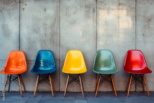 Colorful chairs arranged in a line against a concrete wall in a modern interi...