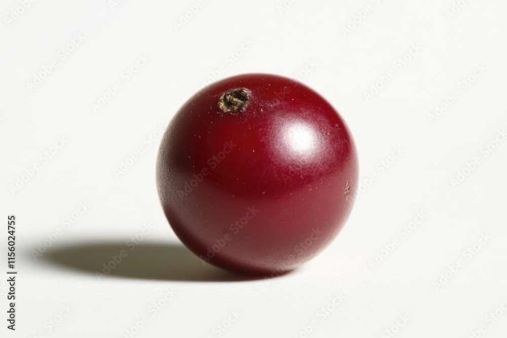 A single, ripe cranberry rests on a white background, showcasing its deep red color and subtle texture. A single, ripe cranberry rests on a white background, showcasing its deep red color and subtle texture.